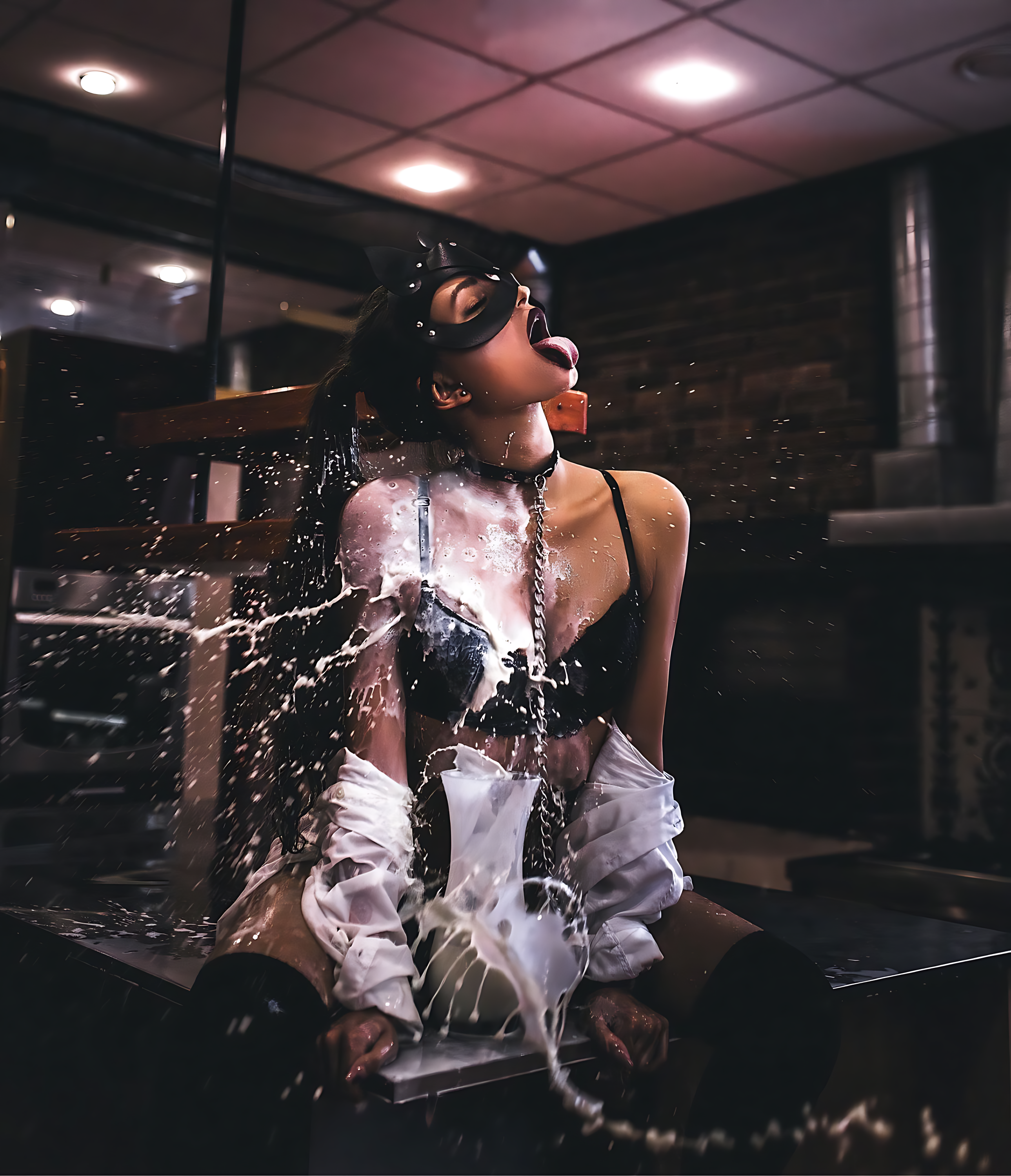 Quiet Blossom – Masque Kitty Noir – demi-masque chat noir – porté – vue de face en pied