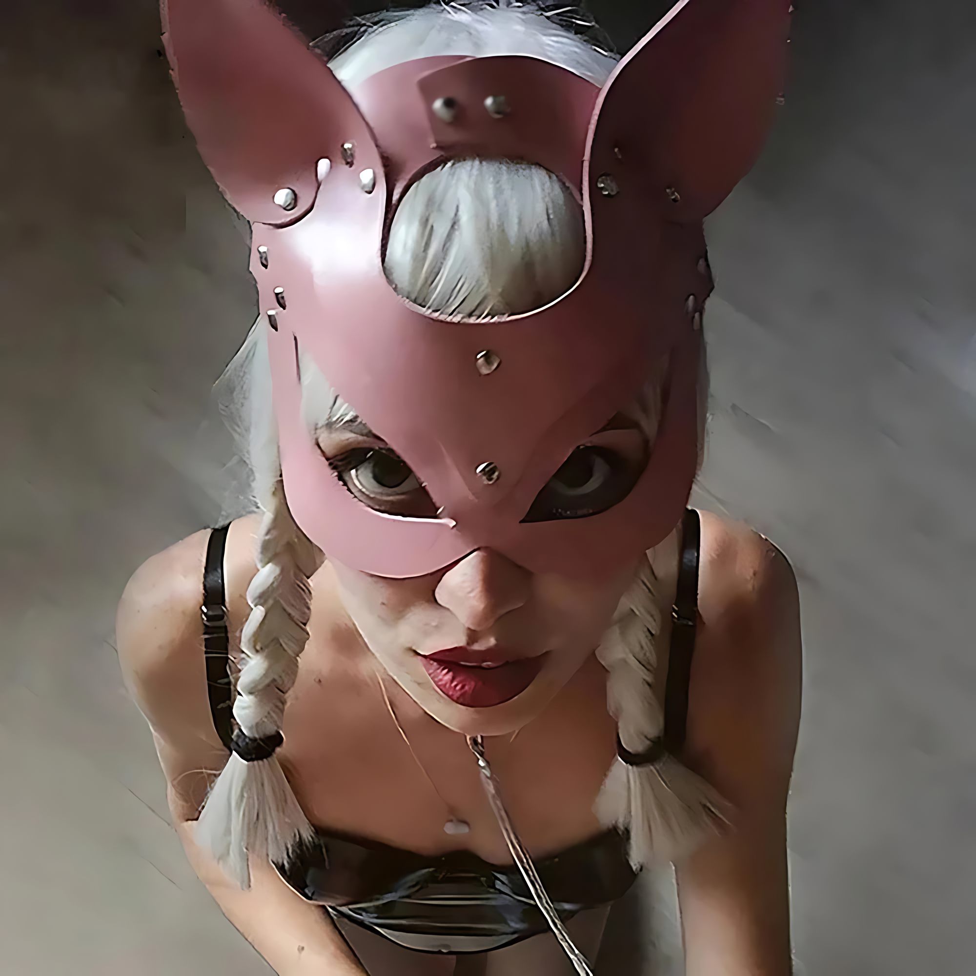 Quiet Blossom – Masque Piggy Rose – demi-masque rose – gros plan face – détails rivets